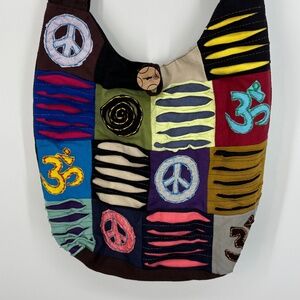 Tribe Azure Womens Large Crossbody Bag Peace Sign Om Multicolor Fabric Zip Top